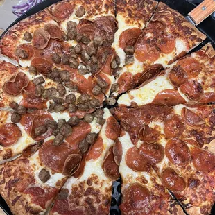 Pepperoni and sausage pizza
