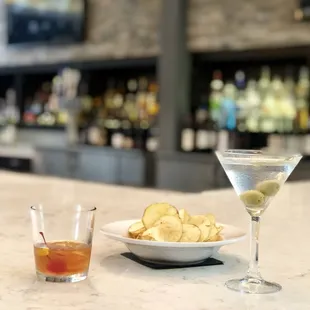 Old Fashioned, House made chips and a dirty Martini