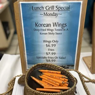 You can order Monday special Korean wings