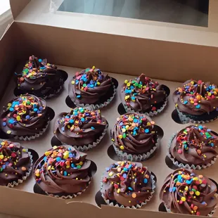 A dozen chocolate frosted chocolate cupcakes
