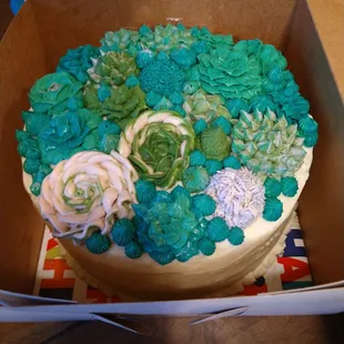 Berry Chantilly cake with buttercream succulents, all boxed up and ready for pickup!