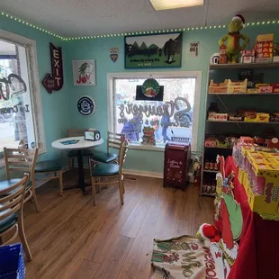 A small seating area near the window