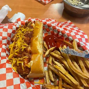 Chili Mac Dog and French Fries