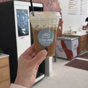 Corn dog latte with oatmilk . Delicious