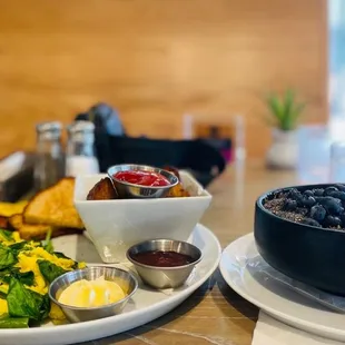 Traditional Breakfast: Scrambled eggs w/ spinach; Whole Wheat; Potatoes. And, Oatmeal: Double Chia Seeds and Double Blueberries.