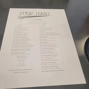 a menu for a wine tasting