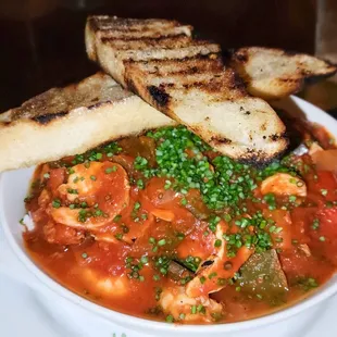 Shrimp Gumbo over rice with a toasted baguette