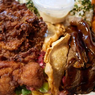 Str'eats Bento #2 - furikake rice, teri beef, garlic chicken, mandoo, breaded shrimp, char siu fried noodles