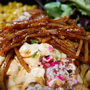 Salmon katsu overload (topped with taegu and spicy surimi salad)