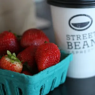 Chai tea from Street Bean with a side of fresh strawberries from Pike&apos;s Place Market