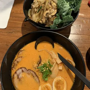 Spicy miso ramen, chicken mushroom onion rice bowl