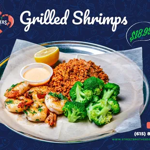 grilled shrimp with rice and broccoli