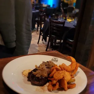 New York strip and side winder fries