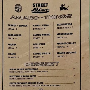 Amaro &amp; dessert menu 1/23