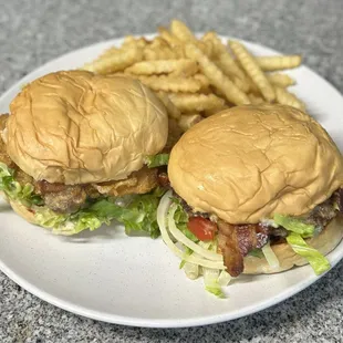 Chicken Sandwich (L), Cheeseburger Add Deluxe &amp; Bacon (R) and side of Fries (extra crispy)