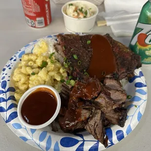 Combo plate: smoked beef brisket, smoked pork ribs w/ Mac n cheese and Cole slaw