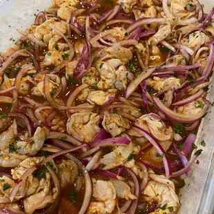 Aguachile rojo. Lime and red chili infused shrimp