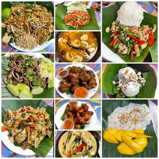 Pad Thai, larb, pad khee mao, papaya salad, tom yum, spare rib, lemongrass chicken, green curry, pad krapow, ice cream, mango sticky rice