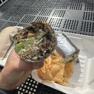 Street meat burrito with chips