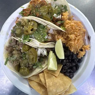 Street tacos with rice and beans