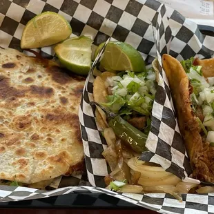 Quesadilla (6&quot; carne asada); Carne Asada taco; two Quesabirria tacos = $15 (9/2023)