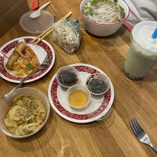 Honeydew Bubble Tea, Pho - Brisket, Garlic Shrimp Net Rolls, Grandma&apos;s Pork and Chive Dumplings