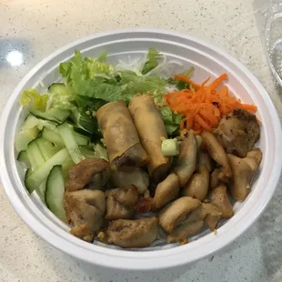 Lemongrass Chicken Vermicelli (rice noodle). Small egg rolls and chicken not very good for around $10