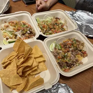 Carnitas, fish taco, chips