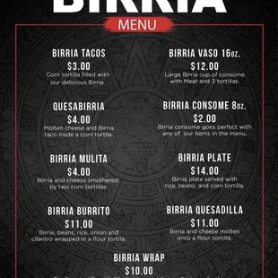 Birria Menu