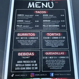 the menu for the restaurant