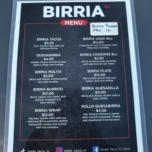 menu for birria