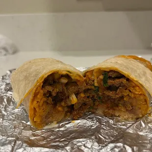 a burrito cut in half