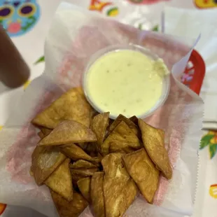 Cheese dip with homemade flour chips
