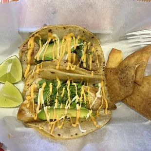 Shrimp and grilled red snapper street taco and chips