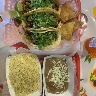 Tacos Al Pastor, rice and beans