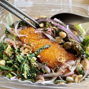 Salmon salad. Crispy delicious salmon with the best dressing ever made. Highly recommend trying this