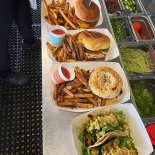 Vegan tacos, breakfast bagel, Irish breakfast burger, PB&amp;Jae burger