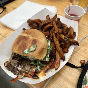 Green jacket Black bean burger and fries
