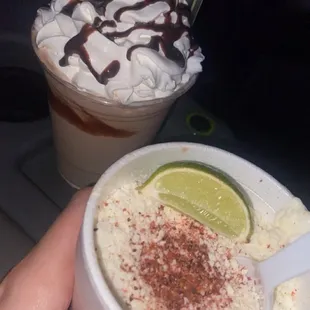 Elotes in a cup &amp; chocolate cake milkshake