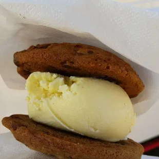 Chocolate chip cookie vanilla ice cream sandwich, yes it was delicious nom nom nom.