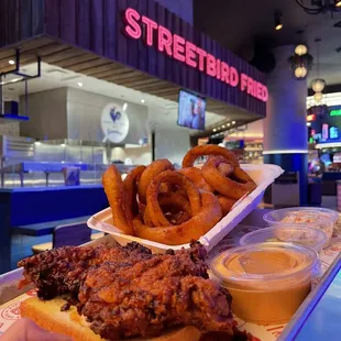 M's spicy fried chicken, beer battered onion rings