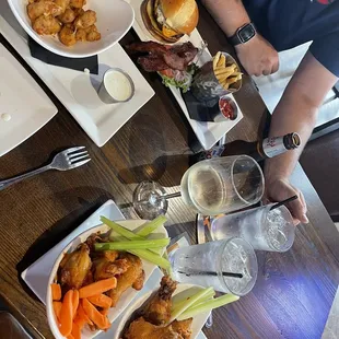 Cheese curds, wings, Streetcar Burger