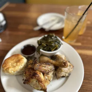 I ordered a half-roasted chicken with collard greens, a biscuit, Tabasco jam, and an Arnold Palmer.
