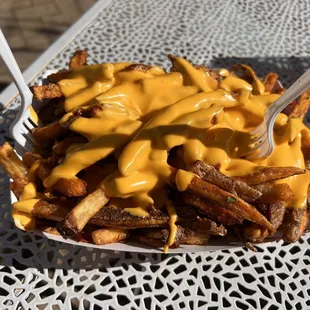 a plate of cheese fries