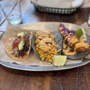 Carnitas, shrimp and fish taco