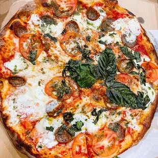 16&quot; Pizza Caprese with sausage &amp; ricotta added (my driving apparently shifted the toppings a bit hahah)
