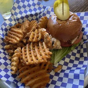 Grilled chicken sandwich with waffle fries