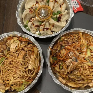 Vegetable dumplings and two orders of Chao Mian