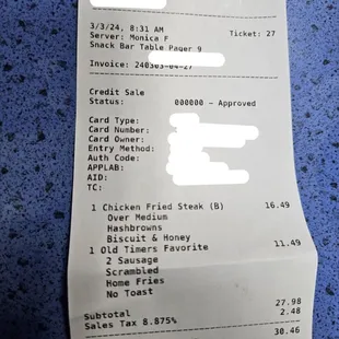 the receipt for the restaurant