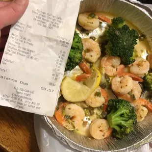 The weak ass shrimp scampi "meal" 16.99 + tax. And it's FOUR PIECES OF BROCCOLI and TEN BABY SHRIMPS.